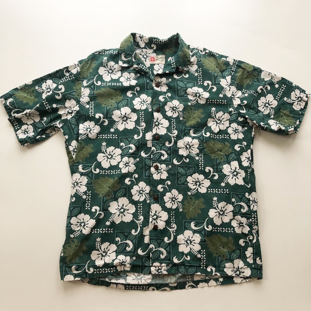 Vintage Hilo Hatie Hawaiian Aloha Shirt Green with White Hibiscus Large